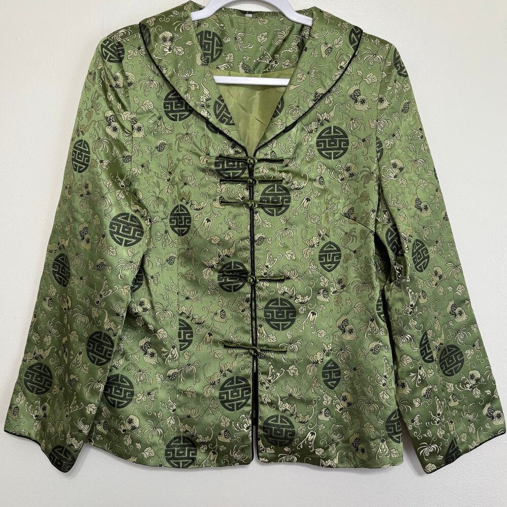 Green Asian Style Frog Closure Jacket Floral Medallion Large
